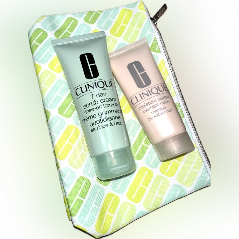 New Clinique Skincare Duo 7 Day Scrub + Moisture Surge Mask with travel pouch
